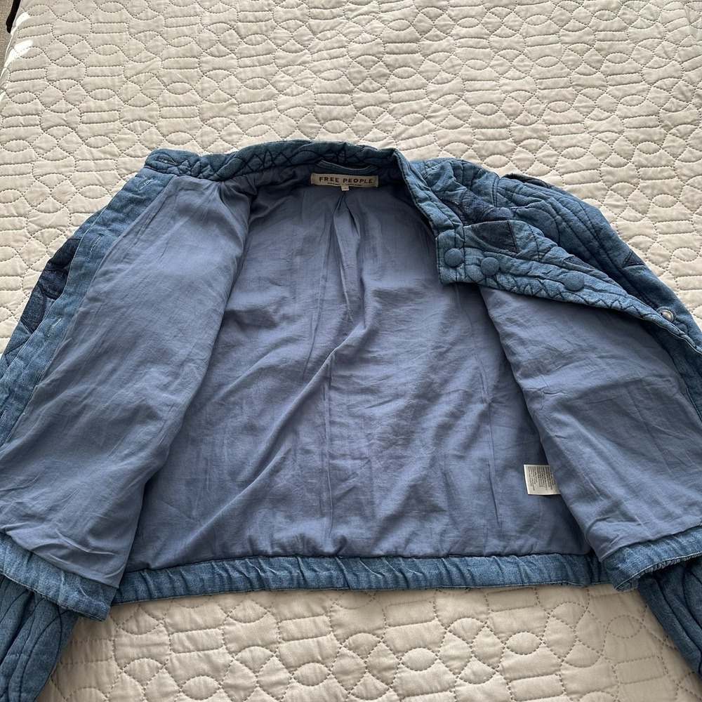 Free People Quinn Quilted Jacket Size S Crop Indigo Denim Patchwork Granny Blue - Picture 4 of 11